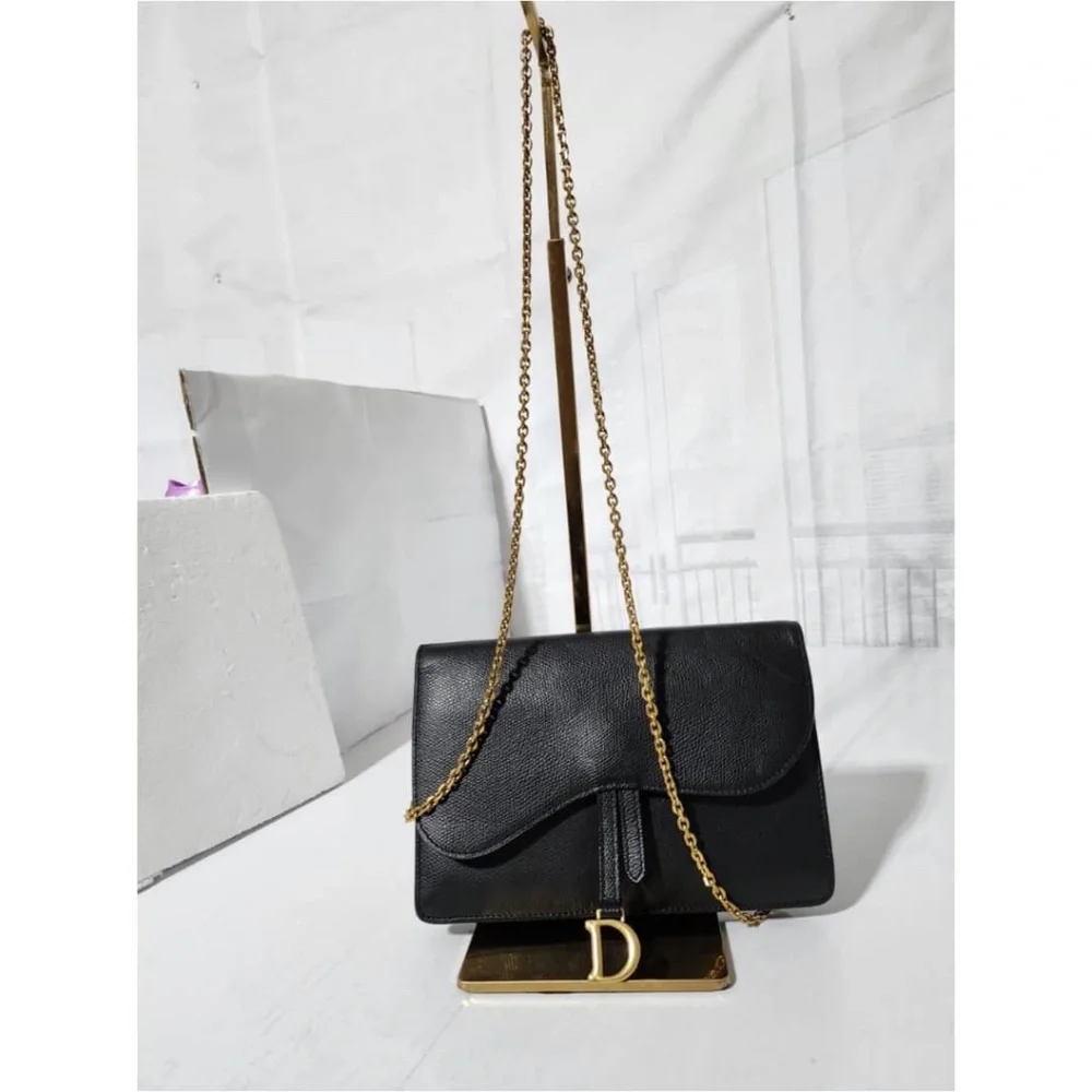 Authentic CHRISTIAN DIOR Grained Calfskin Wallet on Chain Black